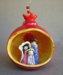 Ceramic Pomegranate Ornament With Nativity Scene, Jesus (As A Boy) Mary And Joseph. 3 small