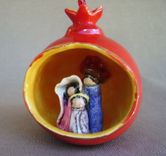 Ceramic Pomegranate Ornament With Nativity Scene, Jesus (As A Boy) Mary And Joseph. 4 small