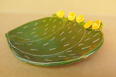 Large Cactus Spoon Rest, Serving Plate, Prickly Pear With 3-D  Flowers, 1 small
