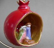 Nativity Red Pomegranate Ornament, Mary, Joseph And Baby Jesus. 1 small