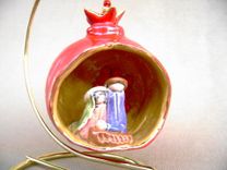 Nativity Red Pomegranate Ornament, Mary, Joseph And Baby Jesus. 2 small