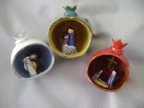 Nativity Red Pomegranate Ornament, Mary, Joseph And Baby Jesus. 3 small