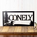 Personalized Rectangular Metal Family Name Sign with Lake Loon and Pine Trees 1 small