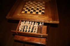 Chess Table And Benches W/  Chessmen And Checkers 1 small