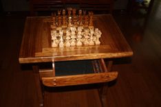 Chess Table And Benches W/  Chessmen And Checkers 2 small