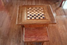 Chess Table And Benches W/  Chessmen And Checkers 4 small