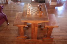 Chess Table And Benches W/  Chessmen And Checkers 5 small
