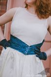 Ashley - Upcycled Vintage Alternative Ivory Satin Wedding Dress With Beaded Blue Brocade Sash 1 small