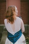 Ashley - Upcycled Vintage Alternative Ivory Satin Wedding Dress With Beaded Blue Brocade Sash 2 small