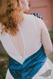 Ashley - Upcycled Vintage Alternative Ivory Satin Wedding Dress With Beaded Blue Brocade Sash 3 small