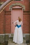 Ashley - Upcycled Vintage Alternative Ivory Satin Wedding Dress With Beaded Blue Brocade Sash 4 small