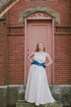 Ashley - Upcycled Vintage Alternative Ivory Satin Wedding Dress With Beaded Blue Brocade Sash 5 small