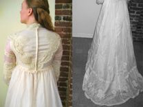 Michelle - 1970s Wedding Gown Renaissance Prairie Organza Lace Crochet Detail And Veil 4 small