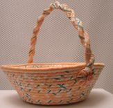 Cloth Basket W/Handle - Coiled - Clothesline Handwrapped In Fabric. Small Round - Peach. 1 small