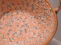 Cloth Basket W/Handle - Coiled - Clothesline Handwrapped In Fabric. Small Round - Peach. 2 small