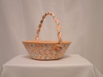 Cloth Basket W/Handle - Coiled - Clothesline Handwrapped In Fabric. Small Round - Peach. 4 small