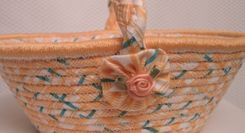 Cloth Basket W/Handle - Coiled - Clothesline Handwrapped In Fabric. Small Round - Peach. 5 small