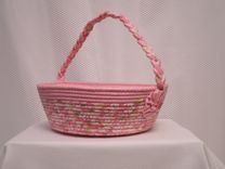 Cloth Basket W/Handle - Coiled - Clothesline Handwrapped In Fabric. Medium Round -Pink. 1 small