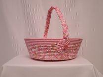 Cloth Basket W/Handle - Coiled - Clothesline Handwrapped In Fabric. Medium Round -Pink. 2 small