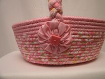 Cloth Basket W/Handle - Coiled - Clothesline Handwrapped In Fabric. Medium Round -Pink. 3 small