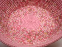 Cloth Basket W/Handle - Coiled - Clothesline Handwrapped In Fabric. Medium Round -Pink. 4 small