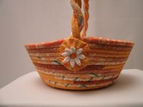 Cloth Basket W/Handle -Coiled - Clothesline Handwrapped In Fabric. Small Round -Shades Of Orange. 1 small