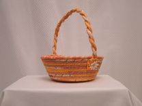 Cloth Basket W/Handle -Coiled - Clothesline Handwrapped In Fabric. Small Round -Shades Of Orange. 2 small