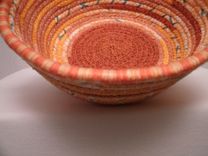 Cloth Basket W/Handle -Coiled - Clothesline Handwrapped In Fabric. Small Round -Shades Of Orange. 3 small