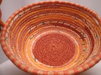 Cloth Basket W/Handle -Coiled - Clothesline Handwrapped In Fabric. Small Round -Shades Of Orange. 4 small