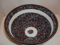 Fabric Bowl - Coiled - Medium Round - Brown/Turquiose With Shimmery White Accent Fabric 2 small
