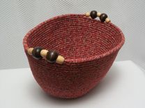 Fabric Oval Bowl - Coiled - Medium Oval - Rust/Brown/Cream. Wooden Handles 1 small