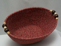 Fabric Oval Bowl - Coiled - Medium Oval - Rust/Brown/Cream. Wooden Handles 3 small