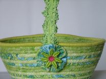 Cloth Basket W/Handle - Coiled - Wrapped Clothesline - Small Roud - Lime Green 3 small