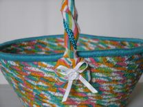 Cloth Basket W/Handle - Coiled - Wrapped Clothesline - Small Round -Turquoise/Pink/Blue 2 small