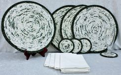 Fabric Placemat Set (4) - Fabric Wrapped Clothesline - Coiling - Dk Green/Ivory 4 small