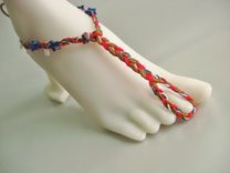 Slave Anklet. Tan Deerskin And Hemp Cords. Red, White And Blue. Hand Braided. Foot Jewelry. 1 small