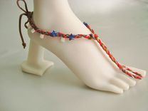 Slave Anklet. Tan Deerskin And Hemp Cords. Red, White And Blue. Hand Braided. Foot Jewelry. 2 small