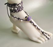 Barefoot Sandals. Black Deerskin, Purple And White Hemp Hand Braided. Soleless. Foot Jewelry. 1 small