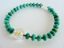 Yoga Jewelry. Real Turquoise Beads. Stretchy Bracelet. Quartz Hand Carved Bead. Sanskrit Character. 1 small