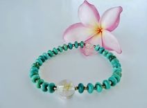 Yoga Jewelry. Real Turquoise Beads. Stretchy Bracelet. Quartz Hand Carved Bead. Sanskrit Character. 3 small