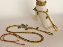 Barefoot Sandals.Tan Deerskin, Turtle Charms, Gold And Green Hemp Cords. Gypsy. Boho. Foot Jewelry. 1 small