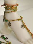 Barefoot Sandals.Tan Deerskin, Turtle Charms, Gold And Green Hemp Cords. Gypsy. Boho. Foot Jewelry. 2 small