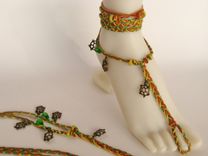 Barefoot Sandals.Tan Deerskin, Turtle Charms, Gold And Green Hemp Cords. Gypsy. Boho. Foot Jewelry. 4 small