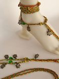 Barefoot Sandals.Tan Deerskin, Turtle Charms, Gold And Green Hemp Cords. Gypsy. Boho. Foot Jewelry. 5 small