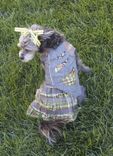 Grey Denim And Greenish Check Asymmetry Cotton Handmade Dress 1 small