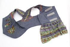 Grey Denim And Greenish Check Asymmetry Cotton Handmade Dress 2 small