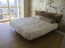 Walnut Platform Bed With A Natural Edge Walnut Headboard And Storage. 1 small