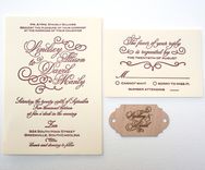 Letterpress Calligraphy Wedding Invitation With Wood Monogram Tag, Laser Engraved 1 small