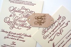 Letterpress Calligraphy Wedding Invitation With Wood Monogram Tag, Laser Engraved 2 small