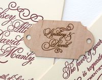 Letterpress Calligraphy Wedding Invitation With Wood Monogram Tag, Laser Engraved 3 small
